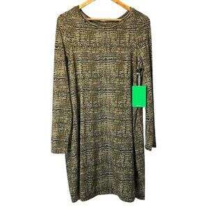 NWT Pact Revive Olive Green Long Sleeve‎ Swing Dress L Stretch Organic Outdoor